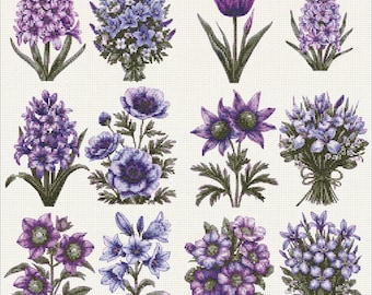Muestra floral primaveral morada - Descarga digital en PDF para punto de cruz contado