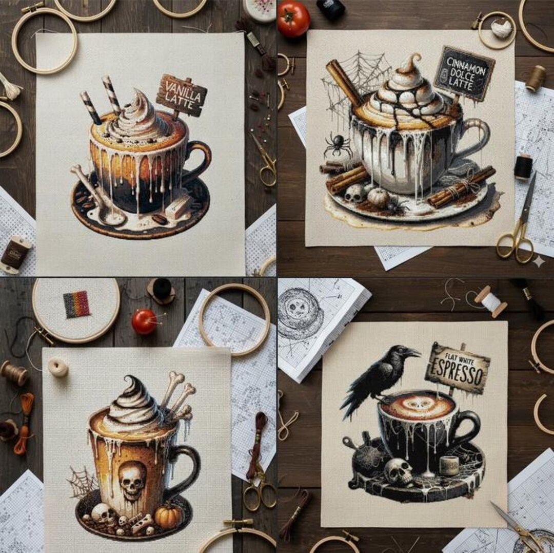 Spooky Coffee Cross Stitch Patterns: Halloween Gothic Drink Bundle (PDF ...