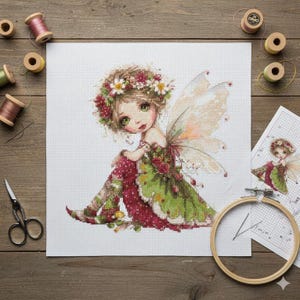 May include: Cross-stitch project featuring a seated fairy with green and red dress, flower crown, and delicate wings. The fairy is on white fabric, surrounded by spools of thread, scissors, and a pattern. The wooden background adds a rustic touch.