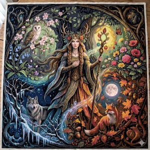 May include: A square cross-stitch embroidery depicting a central figure with antlers holding a staff, surrounded by seasonal elements including a barn owl, a wolf, a fox, blooming flowers, autumn leaves, and icy branches in a circular composition.