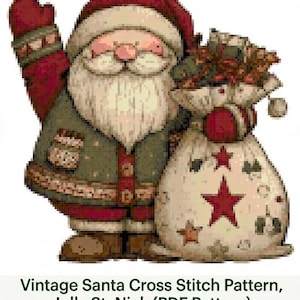 May include: A cross-stitch pattern of Santa Claus, wearing a red hat and mittens, and a green coat. He holds a sack filled with gifts. The pattern is 10" x 10".