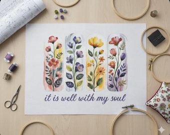Floral "It Is Well" Cross Stitch Pattern: Watercolor Flowers (PDF Pattern Keeper)
