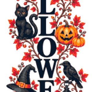 Halloween-banderoll med räknat korsstygn, höstprov, höstväggbonad, läskig dekor, spökpumpakatt, PDF digital nedladdning