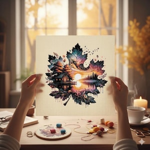 May include: A cross-stitch artwork depicting an autumn leaf with a detailed landscape scene. The leaf design includes a cabin, lake, and sunset. Embroidery supplies and a cup of tea are on the table, near the artwork.