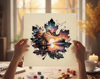 May include: A cross-stitch artwork depicting an autumn leaf with a detailed landscape scene. The leaf design includes a cabin, lake, and sunset. Embroidery supplies and a cup of tea are on the table, near the artwork.