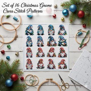 May include: A set of 16 Christmas gnome cross stitch patterns. The gnomes are shown with blue, red, and green hats and outfits, some with Christmas lights and gifts. The image includes embroidery hoops, scissors, and Christmas baubles.