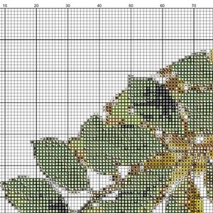 May include: A cross-stitch pattern featuring a detailed leaf design. The pattern uses shades of green, brown, and black to create a realistic depiction of a leaf. The grid background is white, providing a clear guide for stitching.