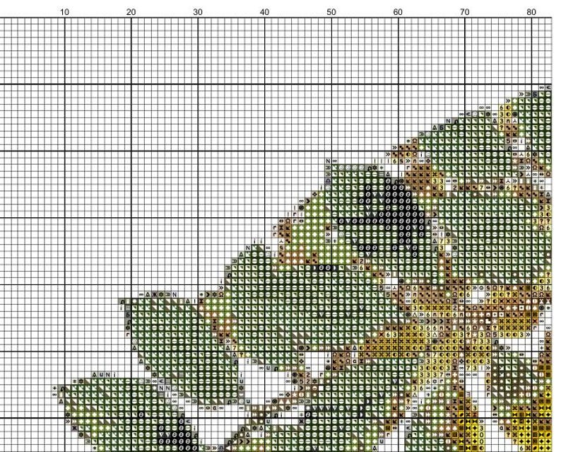 May include: A cross-stitch pattern featuring a detailed leaf design. The pattern uses shades of green, brown, and black to create a realistic depiction of a leaf. The grid background is white, providing a clear guide for stitching.