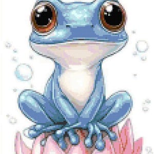 May include: A whimsical illustration of a blue frog with large brown eyes, perched atop a pink lotus flower. Bubbles float around the frog, creating a serene and playful scene. The artwork is detailed and colorful.