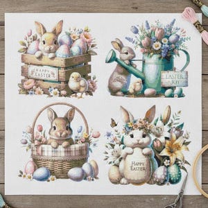Può includere: Quattro illustrazioni ad acquerello a tema pasquale. Le immagini presentano coniglietti, pulcini, uova di Pasqua e composizioni floreali. Il testo include "Happy Easter" e "Easter Joy". I disegni sono su sfondo bianco.