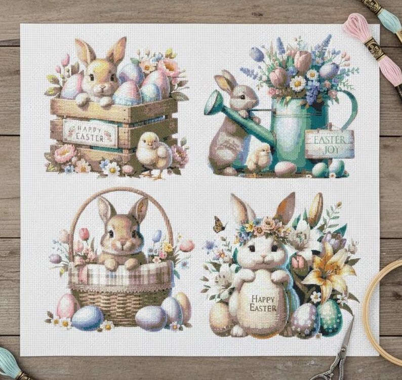Easter Bunny Collection Counted Cross Stitch Pattern, Spring Floral ...