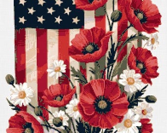 American Flag Poppies Cross Stitch Pattern: Patriotic Floral (PDF)