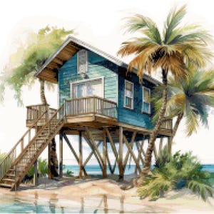 May include: Watercolor painting of a blue beach house on stilts, with a wooden staircase leading up to a small deck. Palm trees and tropical foliage surround the house, with a view of the ocean in the background.