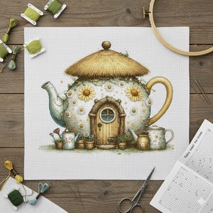 Korsstygnsmönster med fe-tekannahus, Whimsical Cottagecore Home (PDF-mönster)