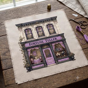 May include: A cross-stitch embroidery on beige fabric depicting a two-story building with the text FORTUNE TELLER. The storefront features purple accents, large windows displaying interior details like a crystal ball, and a central purple door.