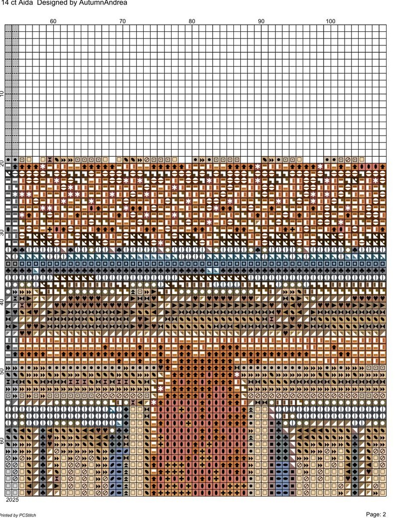 May include: A cross-stitch pattern chart on a white grid background, labeled 14 ct Aida and Designed by AutumnAndrea. The chart features rows of geometric symbols in shades of brown, blue, and black, organized with numbered columns 60 to 100.