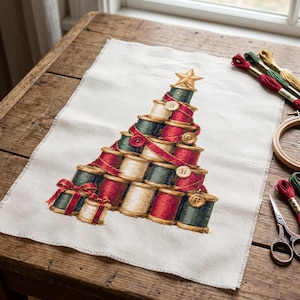 May include: A cross-stitch pattern on white fabric featuring a Christmas tree constructed from stacked spools of thread in red, green, and gold, accented with buttons, ribbons, and a star topper, accompanied by embroidery floss and scissors.