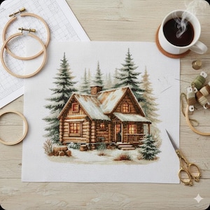 Könnte beinhalten: Ein Kreuzstichprojekt, das eine schneebedeckte Blockhütte inmitten von immergrünen Bäumen zeigt. Die Szene umfasst eine Tasse Kaffee, Stickrahmen, eine Schere und Garnrollen, was auf eine gemütliche Bastelumgebung hindeutet.