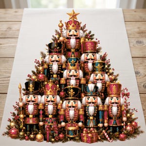 May include: A rectangular fabric runner featuring a printed design of ten nutcracker figures arranged in a triangular Christmas tree shape. The nutcrackers wear colorful uniforms with gold accents, topped by a gold star, surrounded by ornaments.