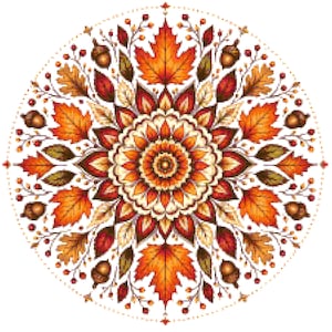May include: A circular cross-stitch pattern featuring a symmetrical mandala design composed of autumn leaves in shades of orange, red, yellow, and brown, interspersed with small brown acorns and tiny red berries on a white background.