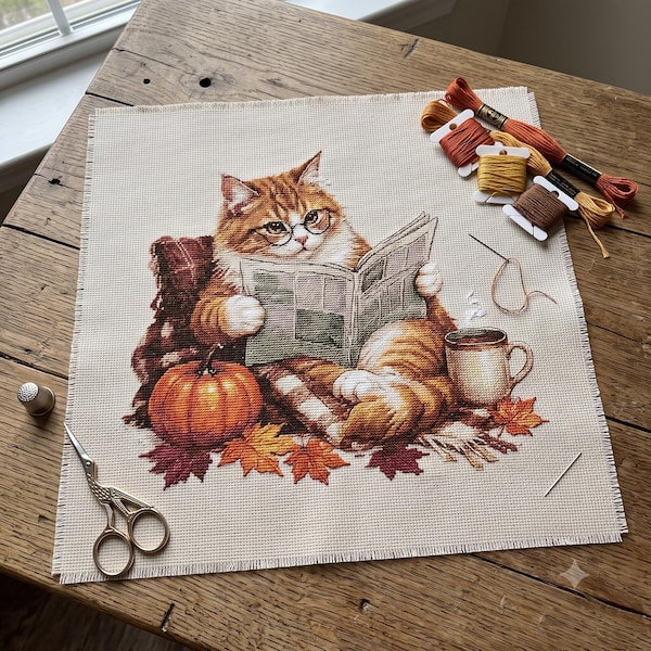 Cozy Reading Cat Cross Stitch Pattern, Autumn Orange Tabby, Pumpkin and Coffee, Counted Cross Stitch, PDF Digital Download
