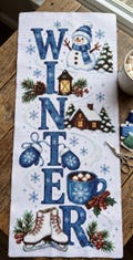 Banner Winter Cross Stitch Pattern, Cozy Snowman Log Cabin Hot Cocoa Skates, Counted Cross Stitch, PDF Digital Download