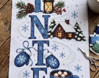 Banner Winter Cross Stitch Pattern, Cozy Snowman Log Cabin Hot Cocoa Skates, Counted Cross Stitch, PDF Digital Download
