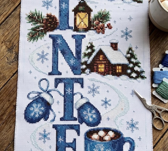 Banner Winter Cross Stitch Pattern — Cozy Snowman, Log Cabin, Hot Cocoa & Skates