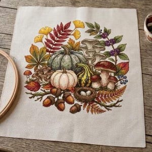 Autumn Harvest Cross Stitch Pattern, Gourds and Mushrooms, Pumpkin Patch, Fall Leaves, Counted Cross Stitch, PDF Digital Download