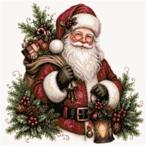 May include: A detailed illustration of Santa Claus wearing a red coat with white fur trim and a matching hat. He carries a large sack filled with gifts over one shoulder and holds a lit lantern in his hand, surrounded by green pine branches and red berries.