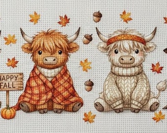 Autumn Highland Cow Cross Stitch Pattern: Fall Decor (Digital Download)