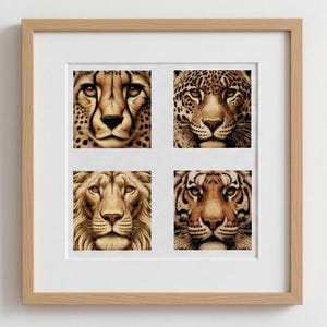 Conjunto de patrones de punto de cruz con retratos de grandes felinos: león, tigre, leopardo y guepardo (18 x 18 cm)