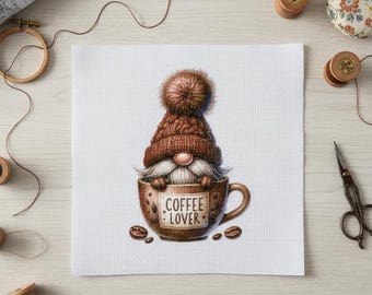 Coffee Gnome Cross Stitch Pattern, Coffee Lover Gift (Digital PDF)