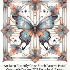 Könnte beinhalten: Ein Kreuzstichmuster mit einem Schmetterling mit blauen, orangefarbenen und schwarzen Flügeln, vor einem geometrischen Art-Deco-Design. Das Muster ist 50.8 cm x 50.8 cm groß.