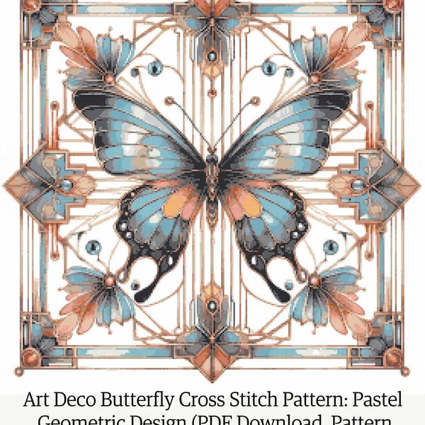 Peut inclure: Un motif de point de croix représentant un papillon aux ailes bleues, oranges et noires, sur un fond géométrique de style Art Déco. Le motif mesure 50.8 cm sur 50.8 cm.
