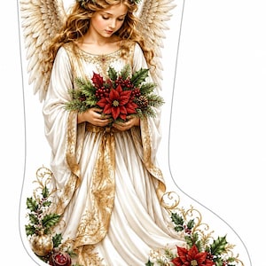 May include: A Christmas stocking featuring a printed illustration of an angel with long blonde hair and large wings, wearing a white and gold gown. The angel holds a bouquet of red poinsettias, holly, and pine, with more floral accents at the base.