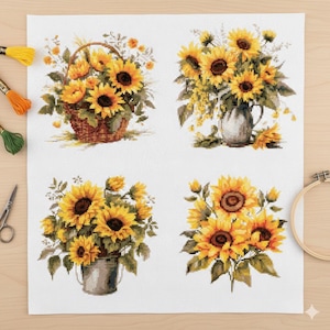 Könnte beinhalten: Ein Kreuzstichmuster mit vier Blumenarrangements aus Sonnenblumen. Die Sonnenblumen sind gelb mit braunen Zentren und grünen Blättern. Ein Arrangement befindet sich in einem Korb, ein anderes in einem Krug und die anderen in Metalleimern.