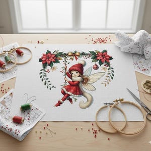 Puede incluir: Un diseño de punto de cruz con temática navideña que presenta un hada con un atuendo rojo balanceándose de una guirnalda de flores de pascua y vegetación. El diseño está sobre tela blanca, rodeado de aros de bordado, hilo y otros suministros.