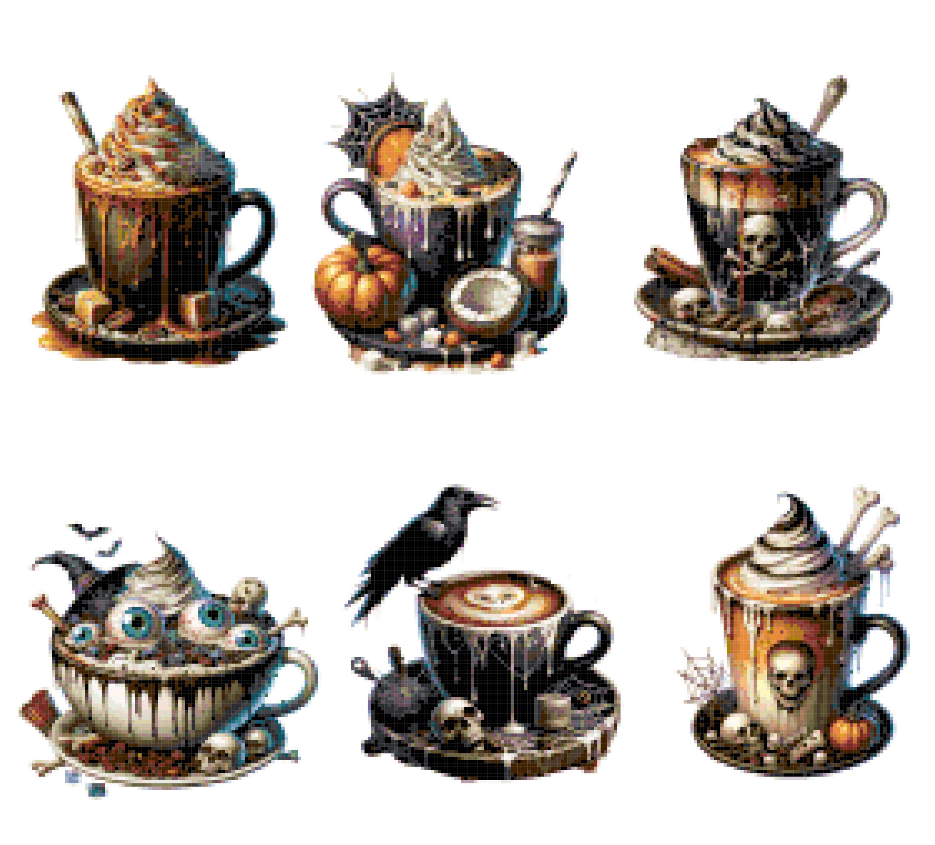 Spooky Coffee Cross Stitch Pattern Bundle, Gothic Halloween Cocoa ...