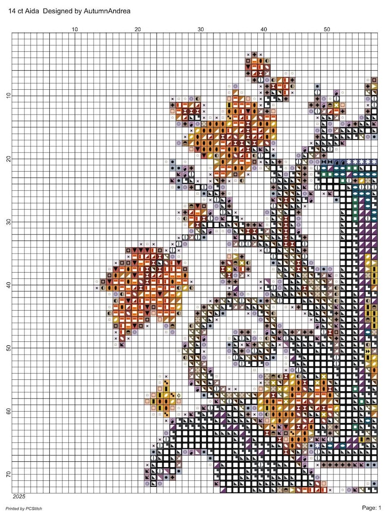 Pode incluir: Um padr&atilde;o de ponto cruz sobre um fundo de grade branca, rotulado 14 ct Aida Designed by AutumnAndrea. O design apresenta um galho de &aacute;rvore com folhas laranja e marrons, detalhes roxos e contornos pretos, com eixos numerados.
