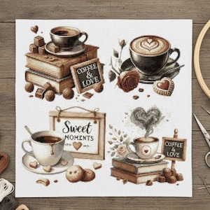 Pode incluir: Design de ponto cruz com quatro ilustrações com tema de café. Cada cena inclui xícaras de café, livros e doces. Os textos "Coffee & Love" e "Sweet Moments" são exibidos em pequenos letreiros. A paleta de cores é quente, com marrons e cremes.