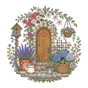 May include: A cross-stitch pattern featuring a stone-arched wooden door with a pink heart, surrounded by a lush garden. The scene includes a birdhouse, a hanging basket, potted lavender, blue hydrangeas, a watering can, and climbing roses.