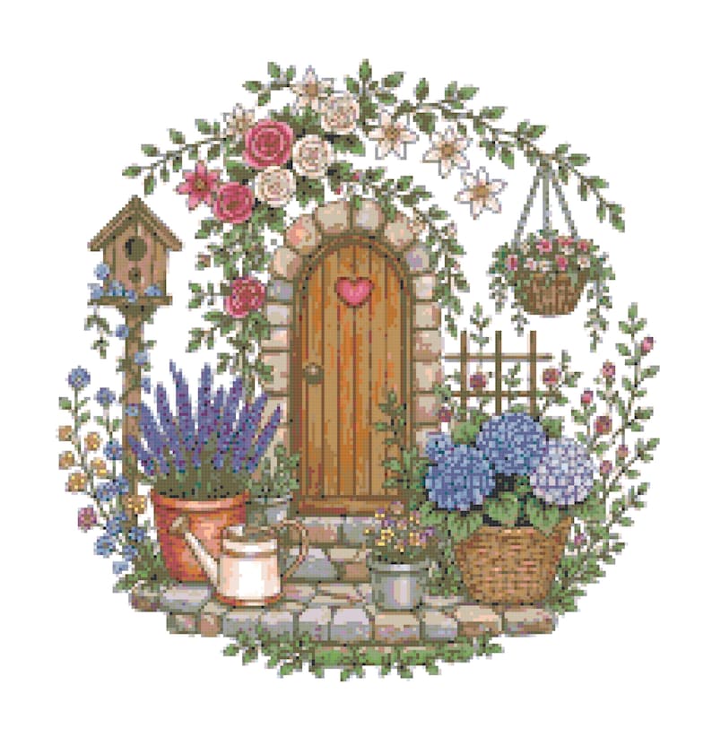 May include: A cross-stitch pattern featuring a stone-arched wooden door with a pink heart, surrounded by a lush garden. The scene includes a birdhouse, a hanging basket, potted lavender, blue hydrangeas, a watering can, and climbing roses.