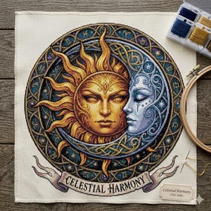 K&ouml;nnte beinhalten: Eine Kreuzstichstickerei auf cremefarbenem Stoff mit einem kreisf&ouml;rmigen Motiv aus einer goldenen Sonne und einem blauen Mondgesicht. Der Rand enth&auml;lt Tierkreiszeichen. Ein Banner unten zeigt "CELESTIAL HARMONY". Inklusive Stickrahmen und Garn.