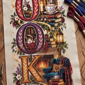 May include: A cross-stitch pattern on beige fabric spelling the word BOOKS, featuring intricate illustrations of bookshelves, a fireplace, a cat, a teacup, and floral accents. The bottom corner displays the text 158 x 444 stitches.