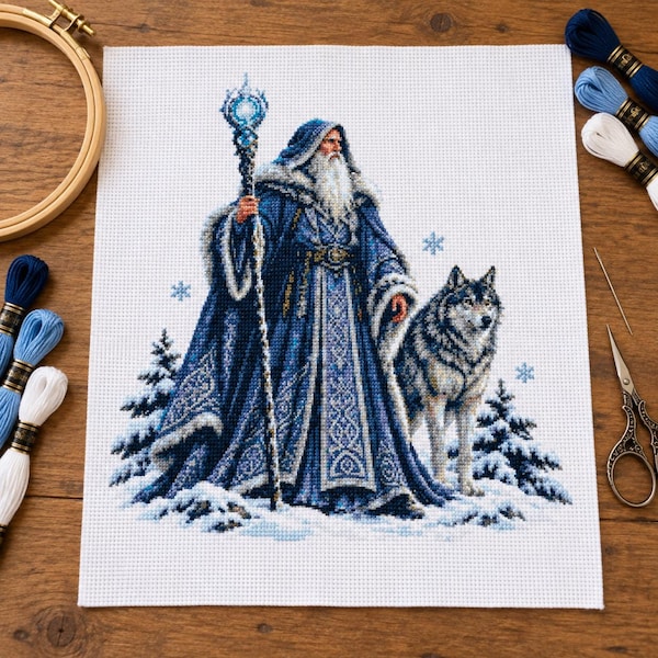 Winter Wizard Counted Cross Stitch, Fantasy Mage and Wolf, Old Man Winter, , PDF Digital Download, Magical Winter Needlepoint Chart