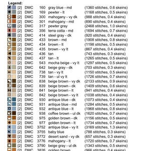 May include: A cross stitch pattern document by Autumn Andrea for Our Cross Stitch Corner. The page displays a grid size of 252W x 252H, a design area of 18.00 inches by 16.43 inches, and a detailed legend listing 36 DMC thread color codes.