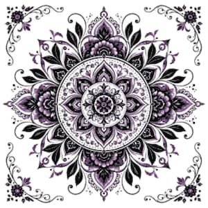 May include: A square-shaped graphic design featuring a central mandala pattern in shades of black, white, and purple. The intricate symmetrical artwork includes floral motifs, pointed petals, and decorative corner flourishes on a white background.