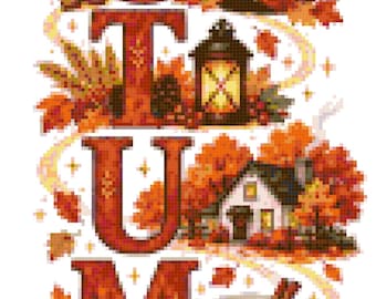 Puede incluir: Un patrón de punto de cruz vertical con la palabra AUTUMN en letras rojas grandes. El diseño incluye una calabaza, un zorro con bufanda, un farol, una casa, una taza con una hoja de arce y botas, rodeados de hojas otoñales naranjas y rojas.
