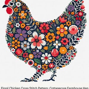 Könnte beinhalten: Ein Kreuzstichmuster einer Henne, gefüllt mit bunten Blumen in Rot-, Orange-, Weiß- und Lilatönen. Das Design befindet sich auf einem dunkelblauen Hintergrund. Der Text unten lautet "Floral Chicken Cross Stitch Pattern: Cottagecore Farmhouse Hen (PDF Pattern Keeper Compatible) 45.7cm x 45.7cm"